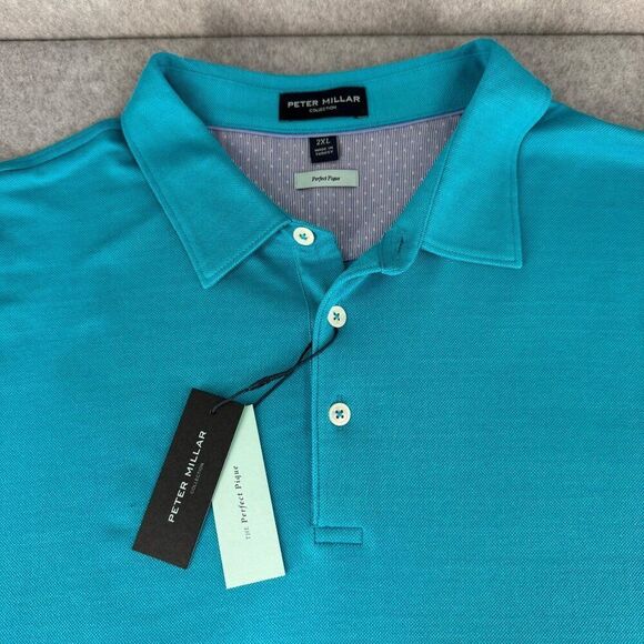 NWT Peter Millar Size 2XL Blue Polo Shirt Cotton Blend Perfect Pique Tee Men's - Picture 7 of 11